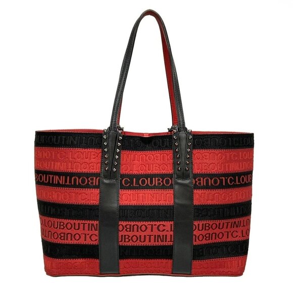 Auth CHRISTIAN LOUBOUTIN Cabata Small Red Black Jacquard Leather Tote Bag - Picture 3 of 16